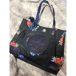 Tory Burch Ella Printed Tote In Black Tea Rose